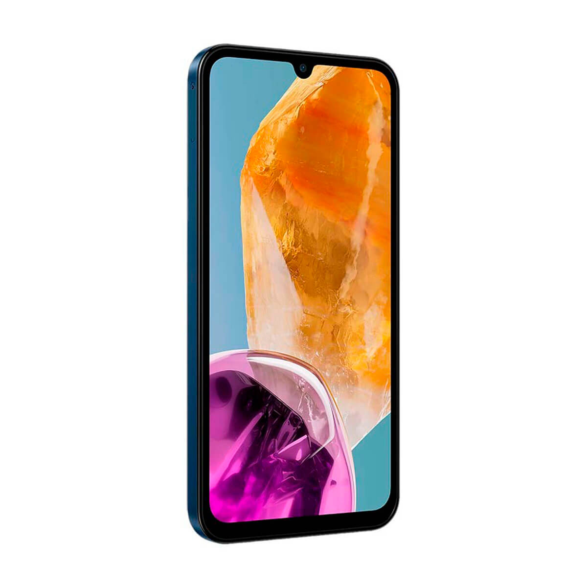 Teléfono inteligente azul que muestra cristales naranjas y morados en su pantalla.