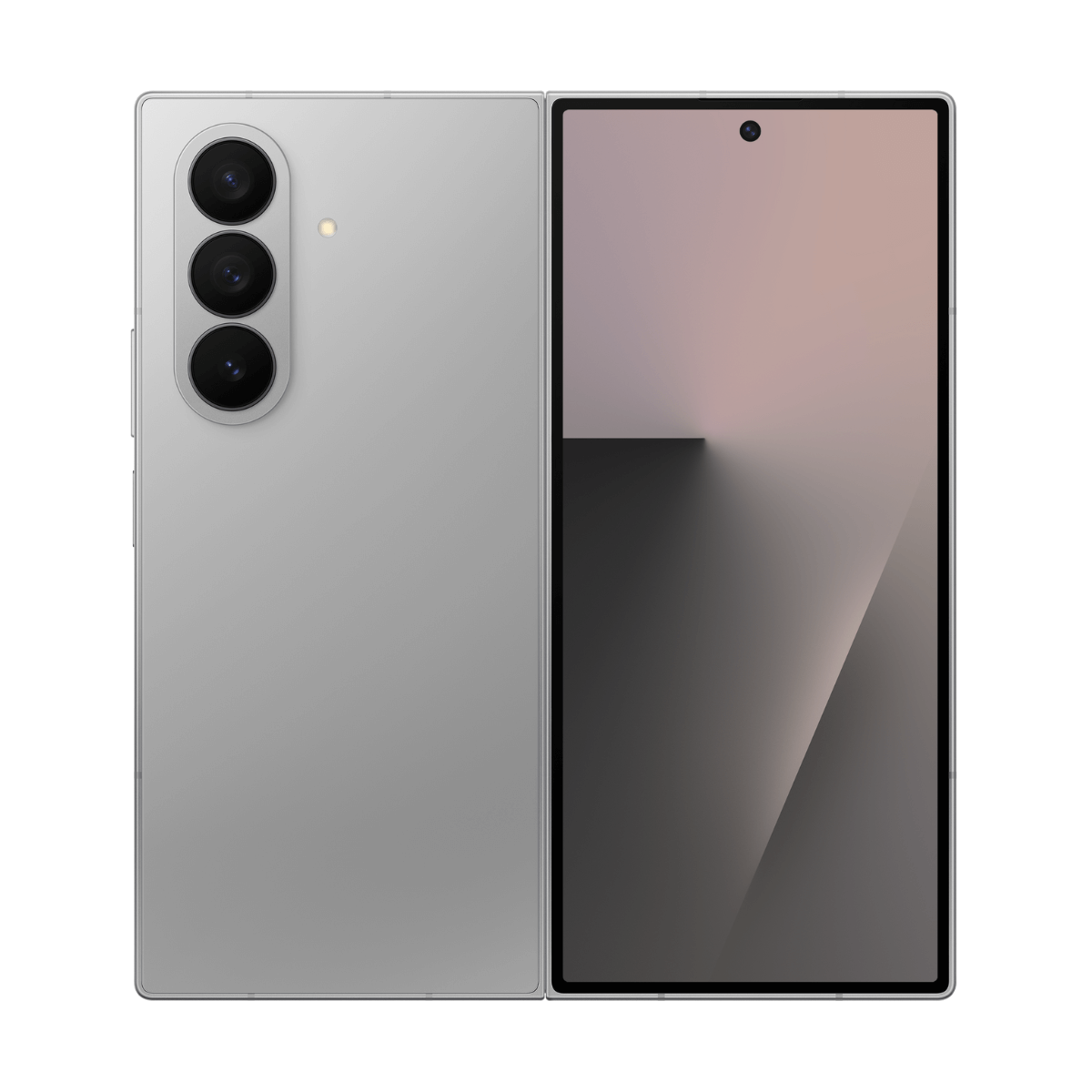 Ein silbernes faltbares Smartphone mit drei Kameras auf der Rückseite und einem offenen Bildschirm.
