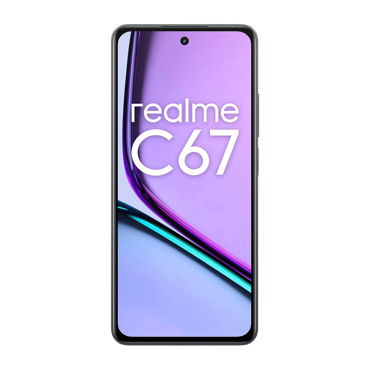 Ein schwarzes Realme C67 Smartphone mit einem lila Hintergrund.