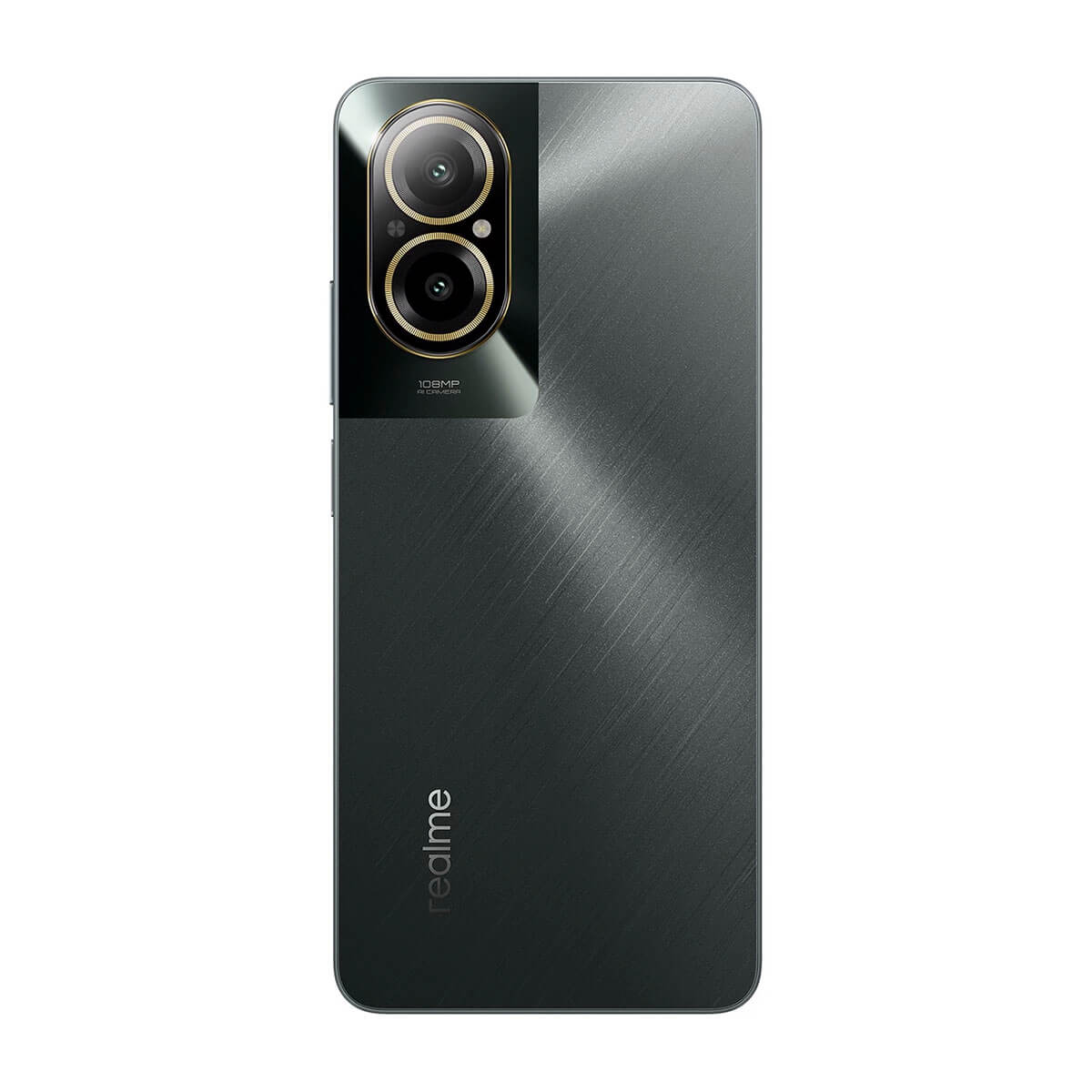 Rückseite eines dunklen Smartphones mit zwei Kameras und Realme-Logo.