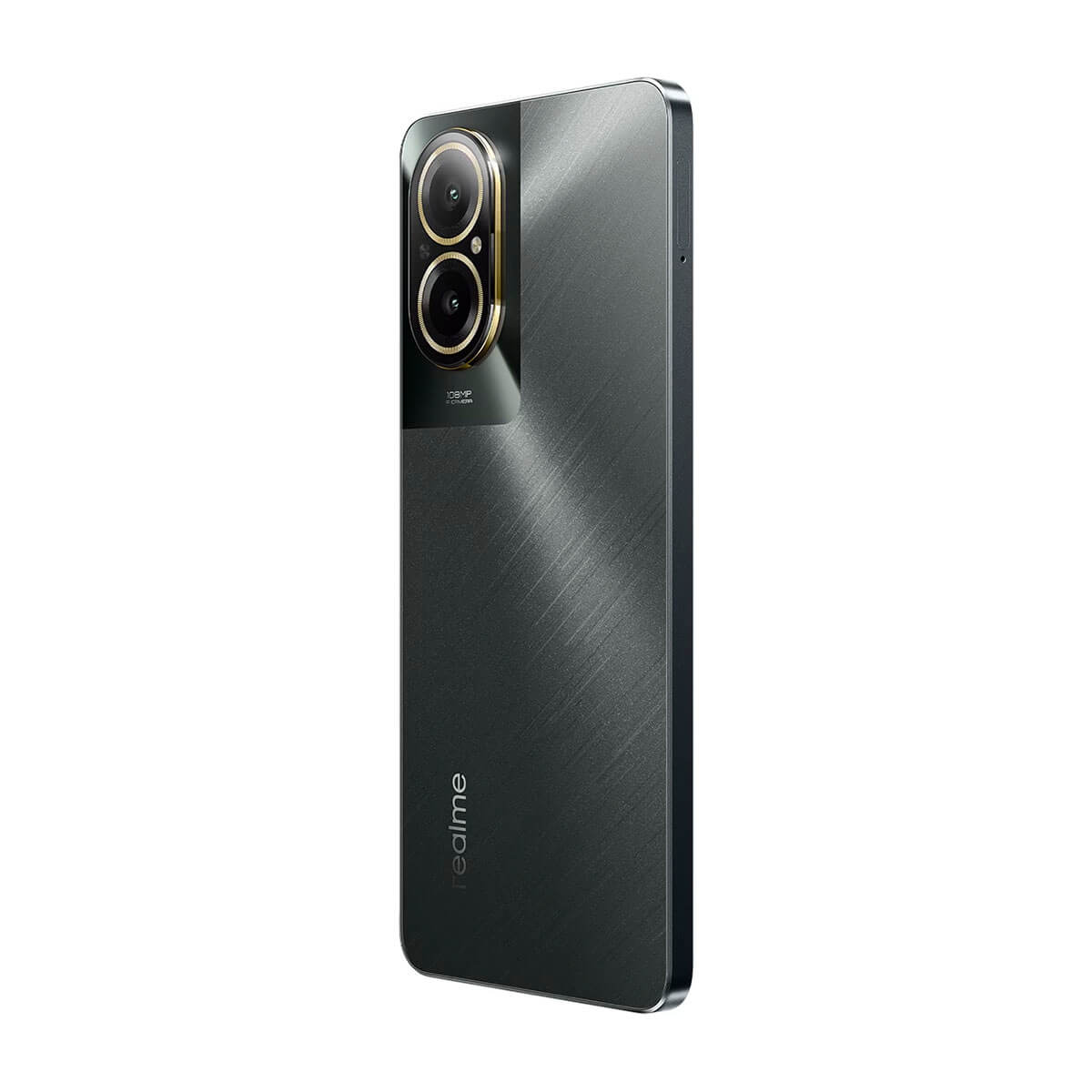 Smartphone gris oscuro con parte trasera cepillada y configuración de cámara dual.