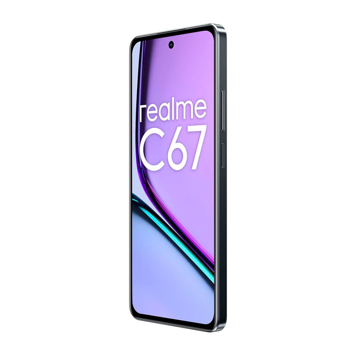 Un smartphone gris oscuro con pantalla morada que muestra 'realme C67'.