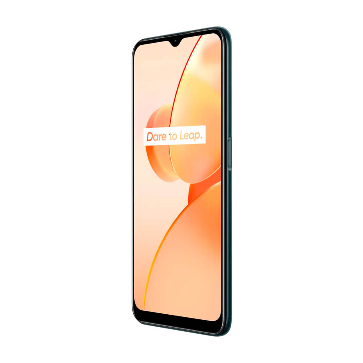 Un smartphone oscuro con muesca de gota de agua y fondo naranja.