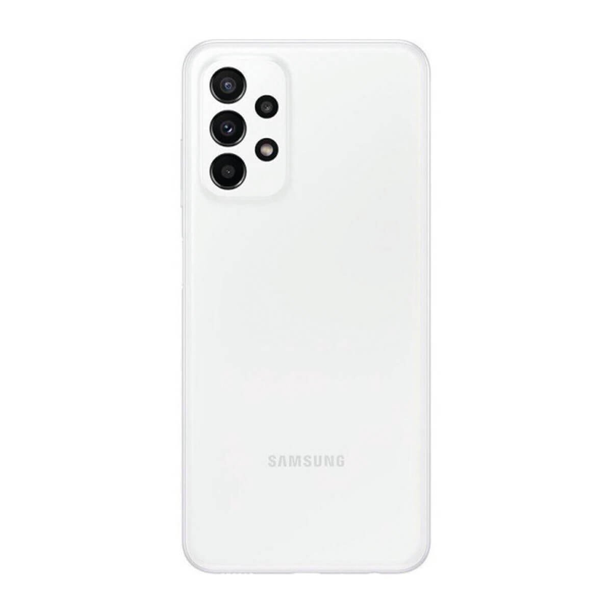 Weiße Rückseite eines Samsung Smartphones mit vier Kameralinsen oben links.