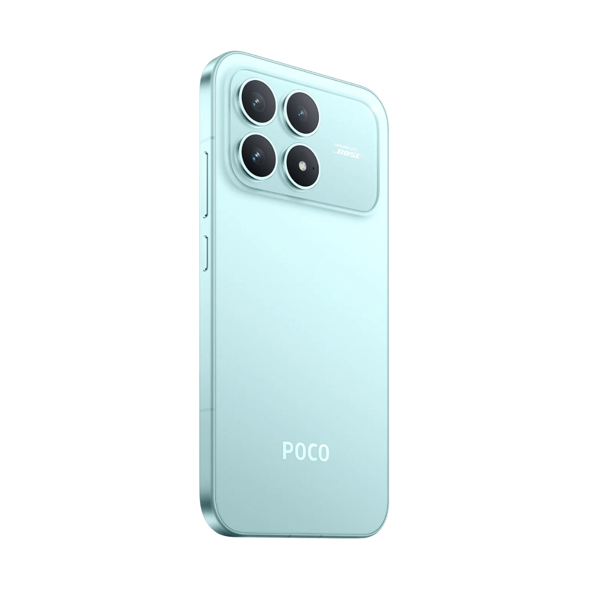 Un smartphone azul claro con cuatro cámaras y logo POCO sobre fondo blanco.
