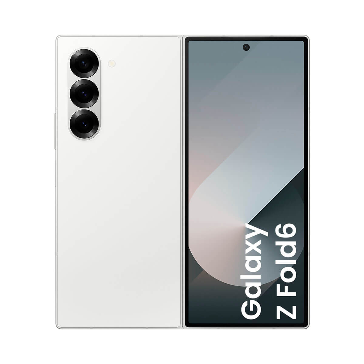 Biały składany smartfon z trzema tylnymi aparatami i otwartym ekranem.