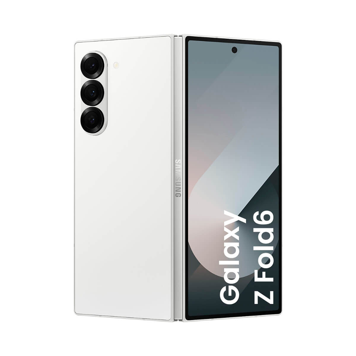 Biały smartfon Samsung Galaxy Z Fold 6, stojący pionowo, pokazujący trzy tylne kamery.