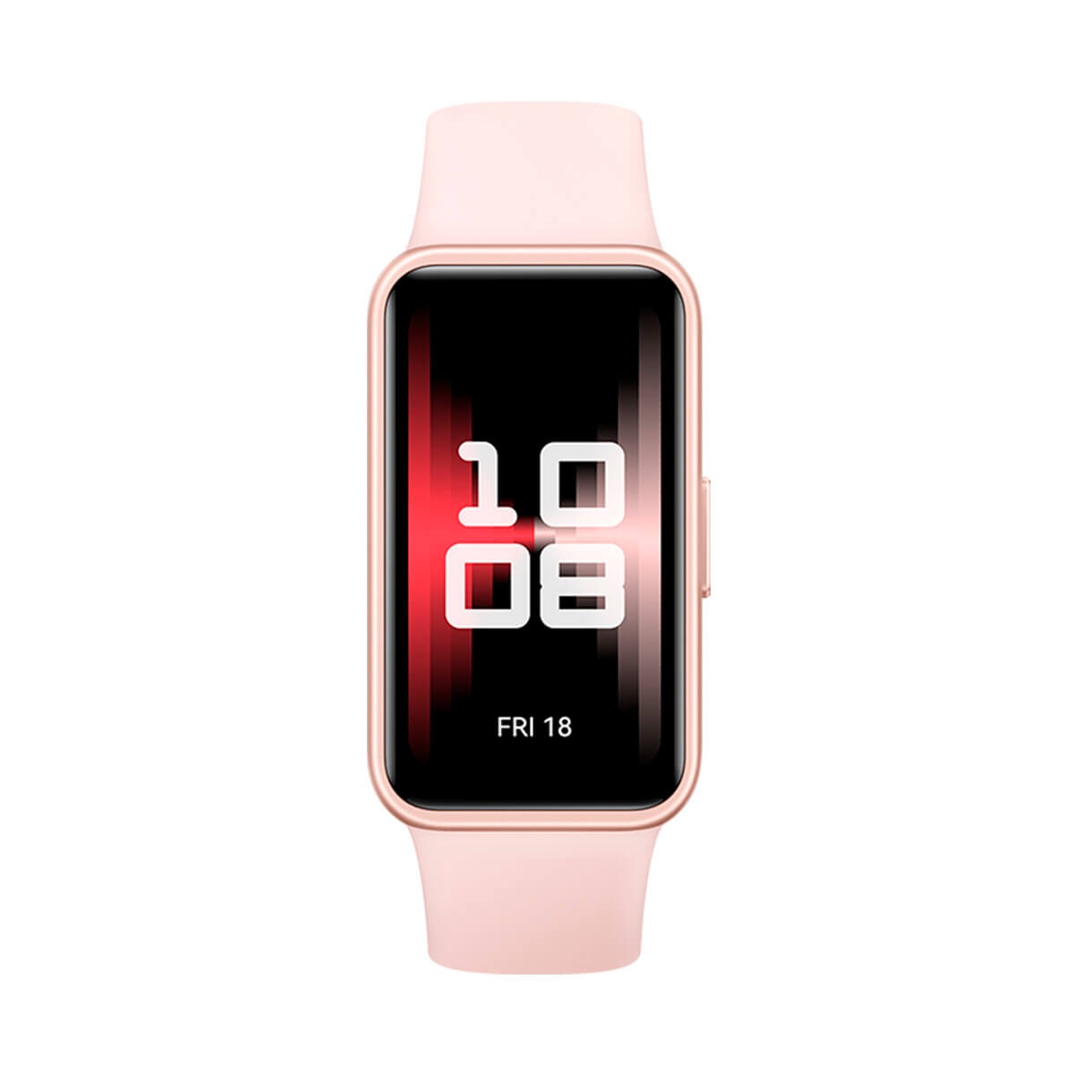 Un reloj inteligente rosa con pantalla negra que muestra las 10:08.