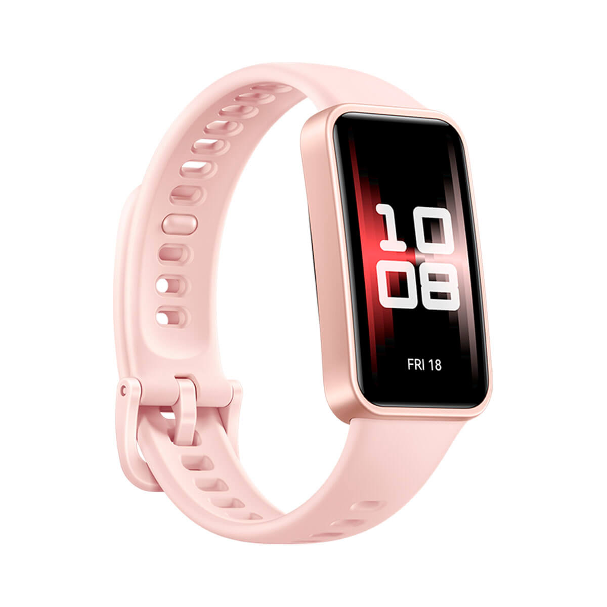 Un reloj inteligente rosa con marco oro rosa muestra 10:08 y FRI 18.