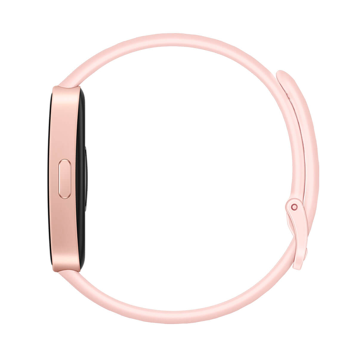 Un reloj inteligente rosa con pantalla negra y botón lateral, sobre fondo blanco.