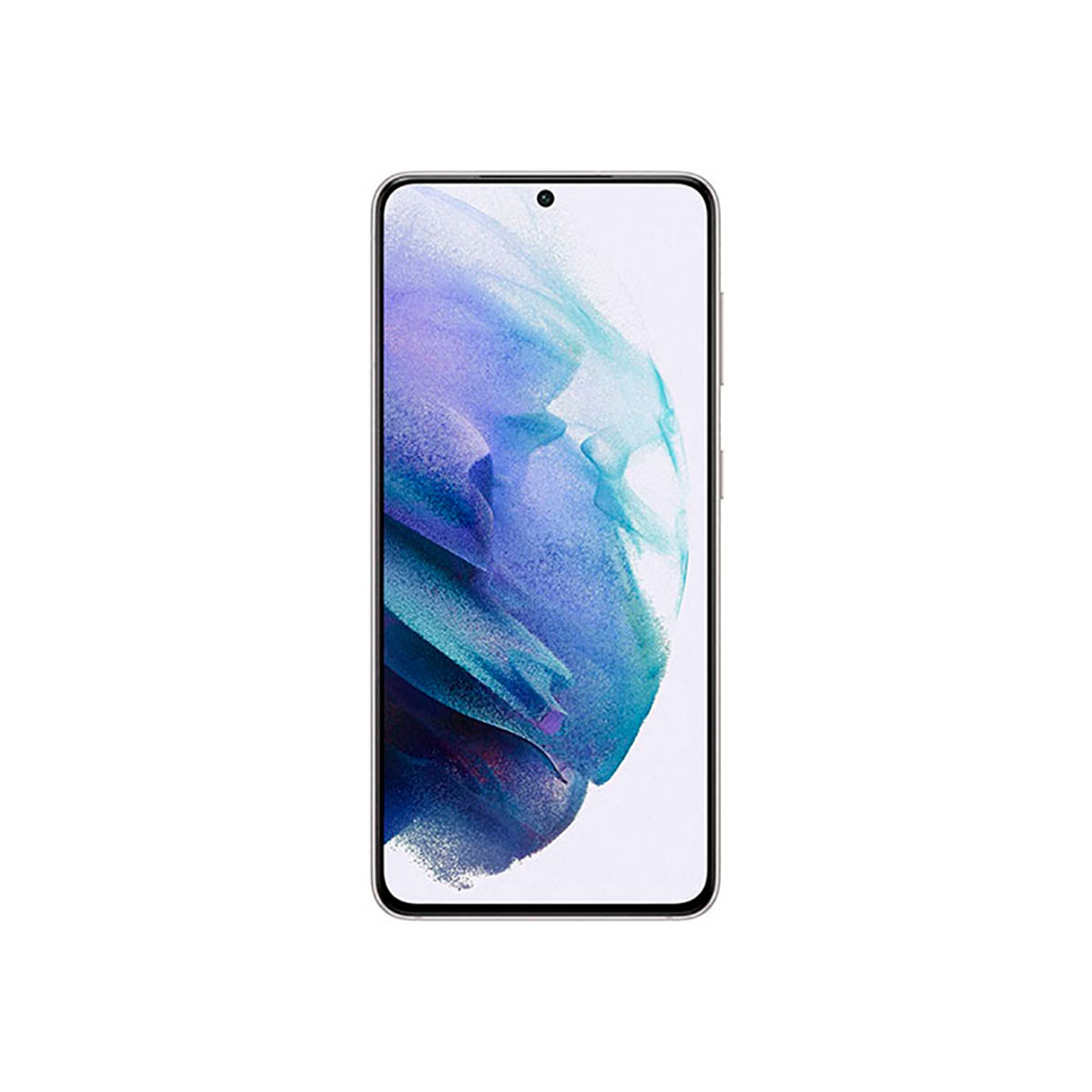 Ein silbernes Smartphone mit einem abstrakten, blau-violetten Hintergrund auf dem Bildschirm.