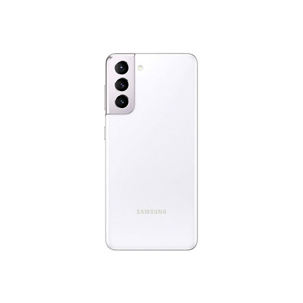 Weißes Samsung-Handy mit Dreifachkamera und Samsung-Logo auf der Rückseite.