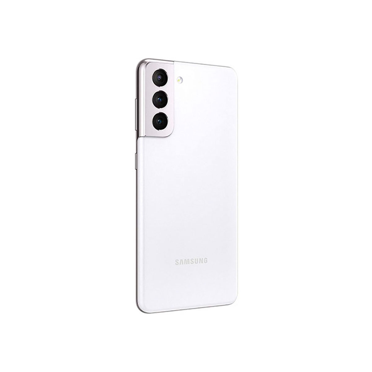 Weißes Samsung Smartphone mit Dreifachkamera auf weißem Hintergrund.
