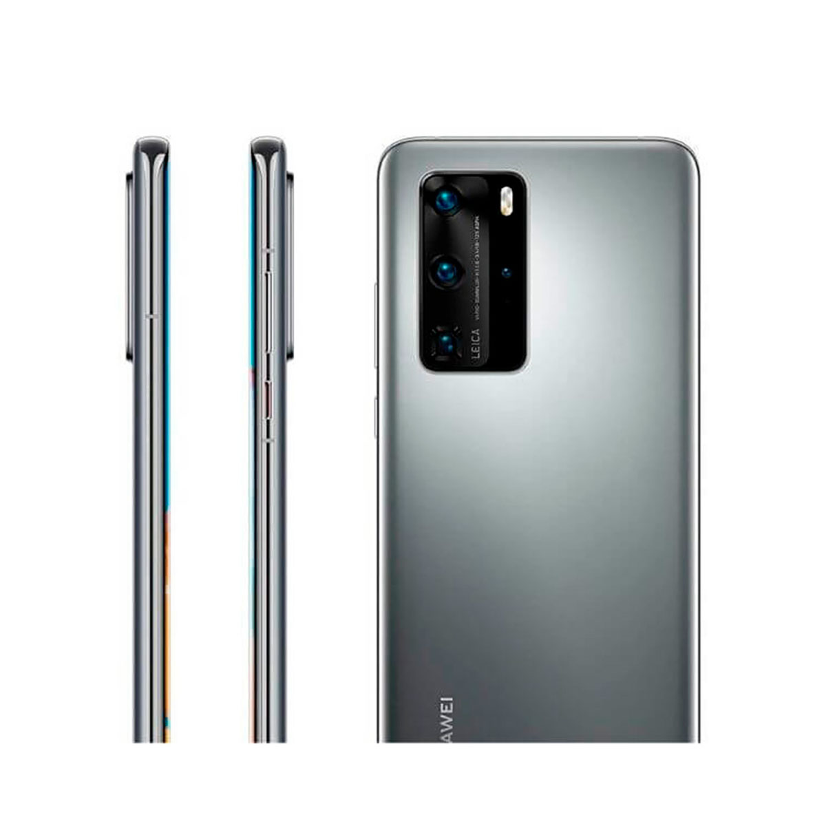Drei Ansichten eines silbernen Smartphones mit Leica-Kamera auf weißem Hintergrund.