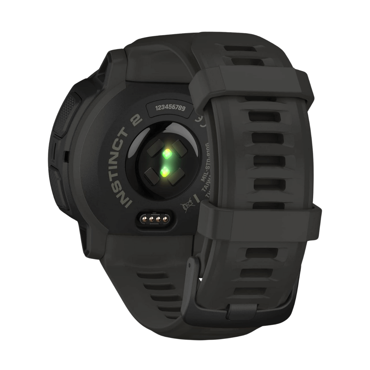 Schwarze Garmin Instinct 2 Uhr Rückansicht. Herzfrequenzsensor leuchtet grün.