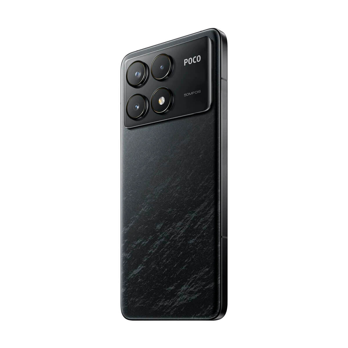 Czarny smartfon z czterema aparatami i logo POCO z tyłu.