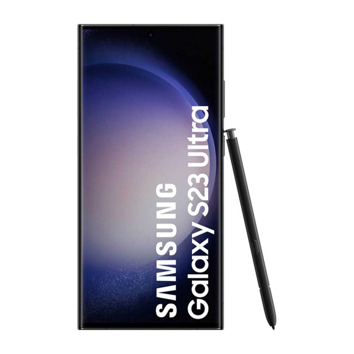 Czarny Samsung Galaxy S23 Ultra z rysikiem na białym tle.
