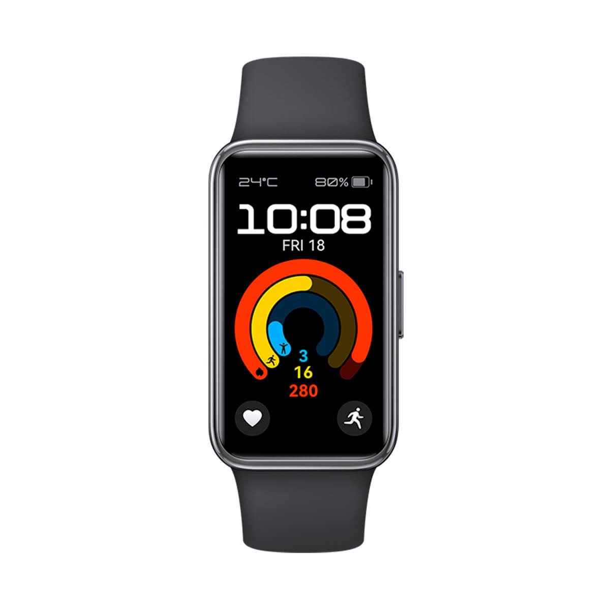 Eine dunkelgraue Smartwatch zeigt 10:08, Fr 18, 24 °C, 80 % Akku.