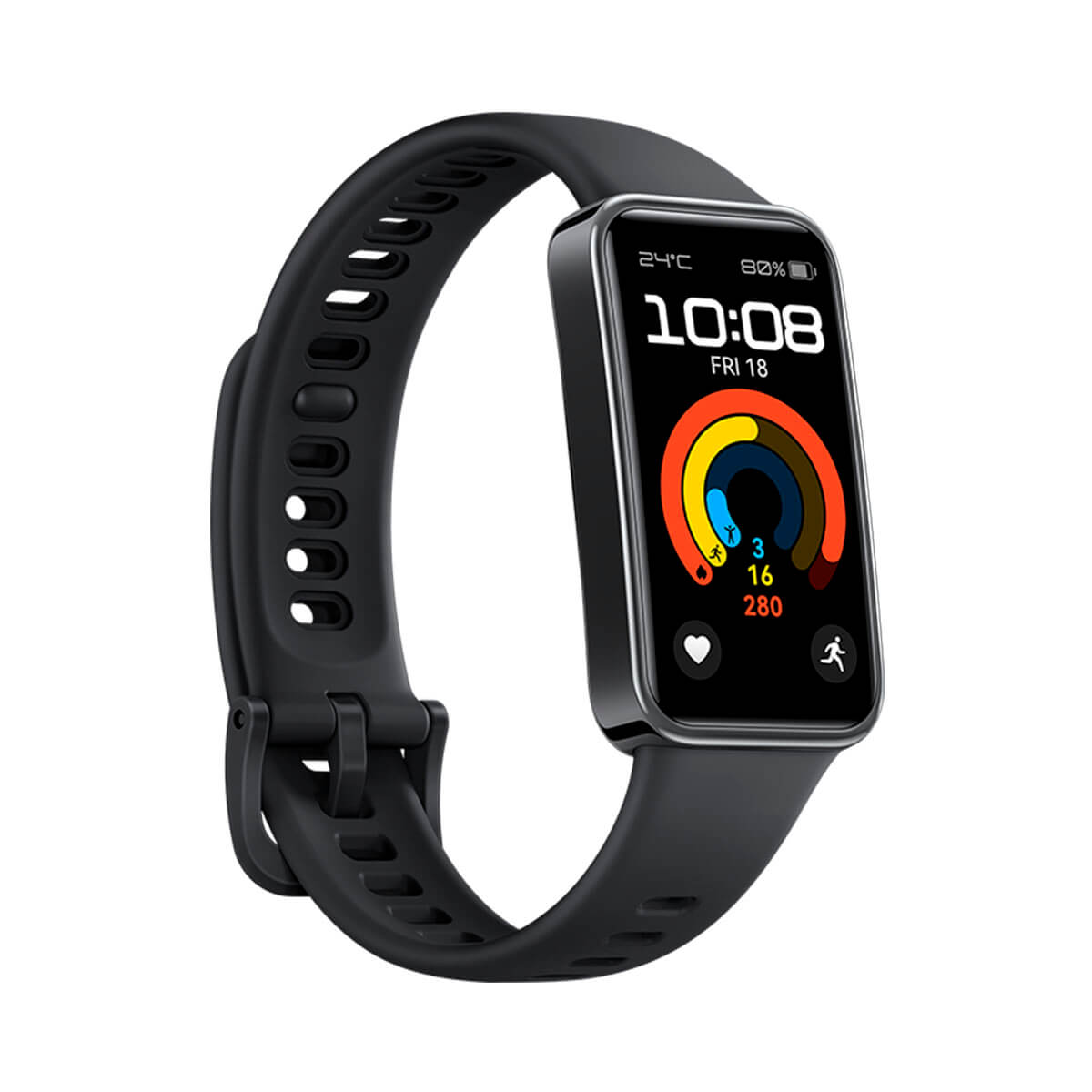 Schwarzes Fitnessarmband mit rechteckigem Display, das Uhrzeit und Aktivitätsdaten anzeigt.