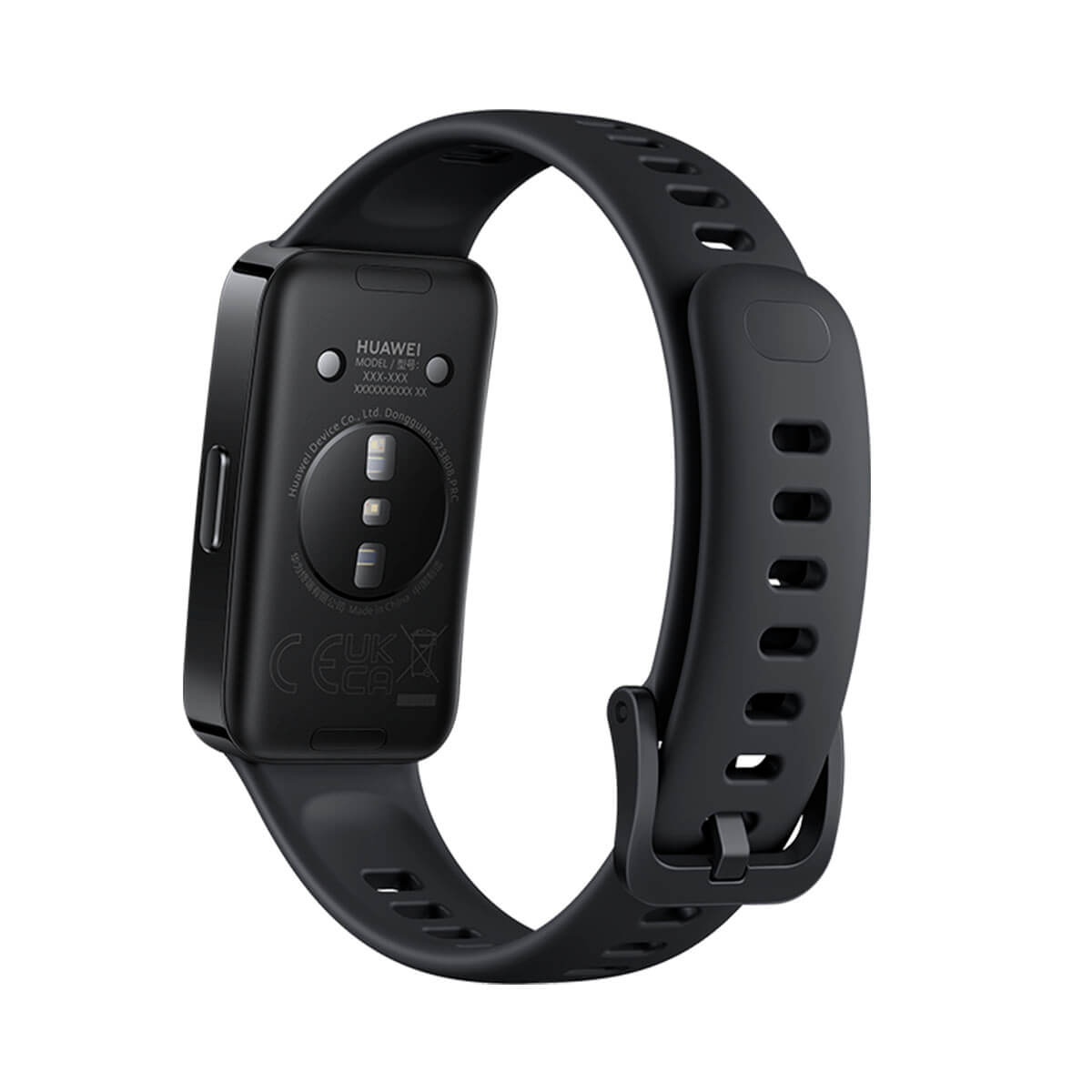 Schwarzes Huawei Smartband mit Ladeanschlüssen auf der Rückseite und gummiertem Armband.