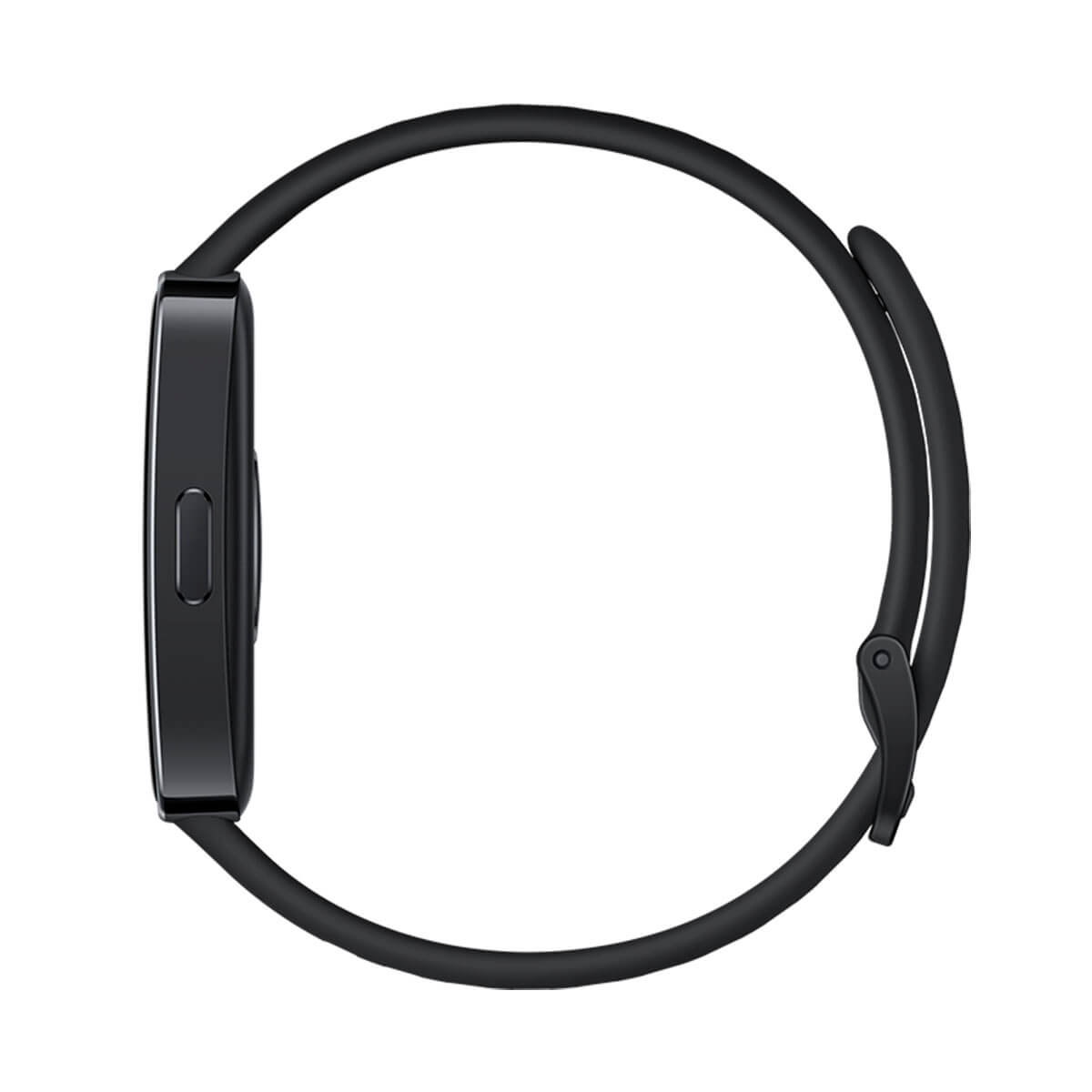 Eine schwarze Smartwatch mit einem rechteckigen Gehäuse und einem Gurt