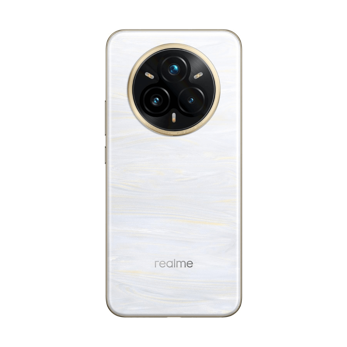 Un smartphone Realme blanco con un módulo de triple cámara circular con borde dorado.