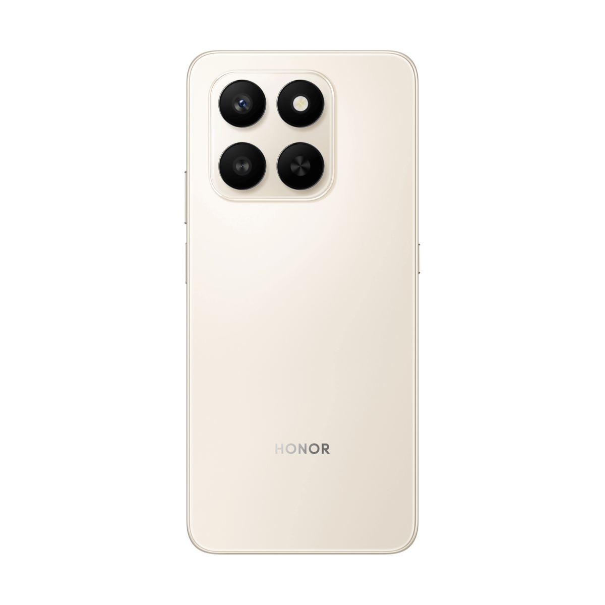Vista posteriore di uno smartphone Honor color crema con modulo fotocamera quadrato contenente quattro obiettivi.