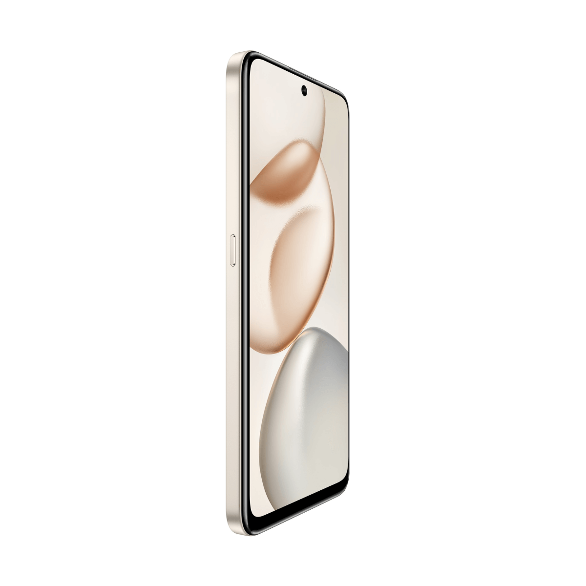 Uno smartphone di colore chiaro di profilo, dal design elegante e sfondo astratto.