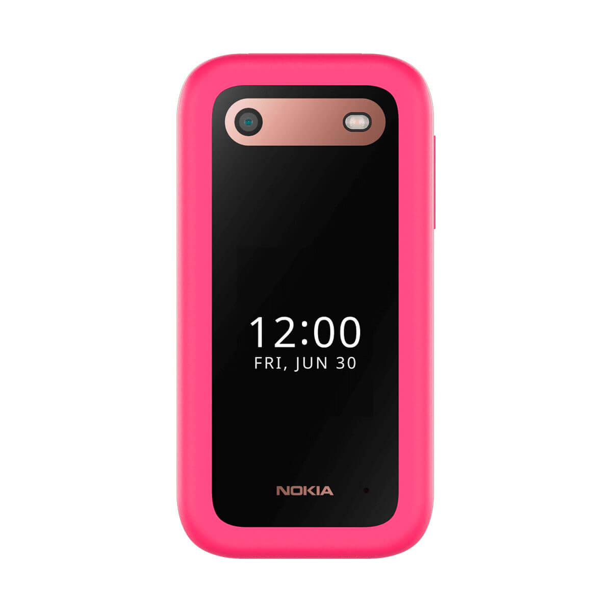 Un Nokia rosa con pantalla negra que muestra las 12:00.