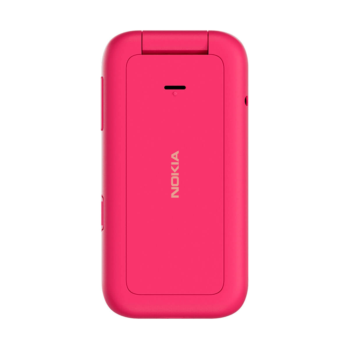 Un teléfono plegable Nokia rosa con el logo de Nokia detrás.