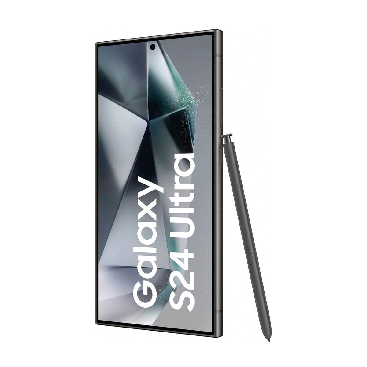 Een donkere Samsung Galaxy S24 Ultra smartphone met stylus op witte achtergrond.