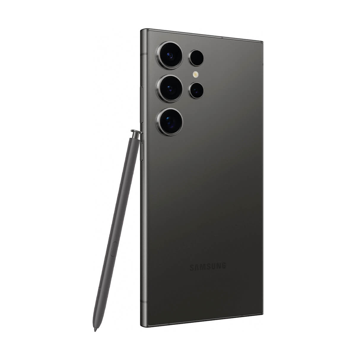 Donkergrijs Samsung-smartphone met stylus en cameralensjes op witte achtergrond.