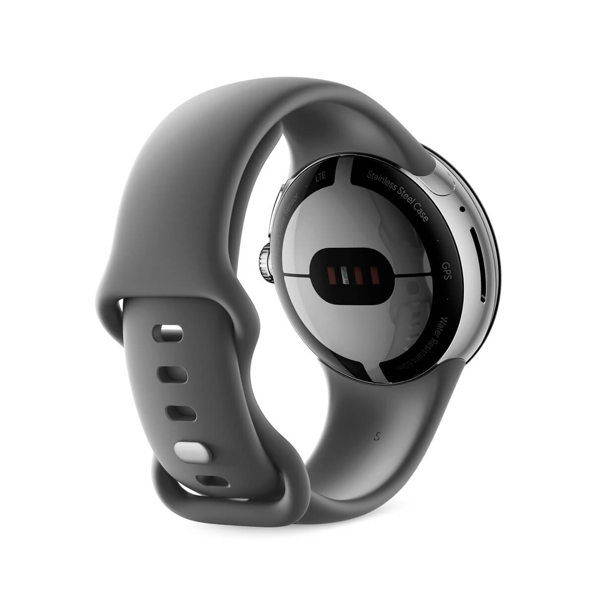Szary smartwatch z srebrną obudową i czujnikiem tętna.