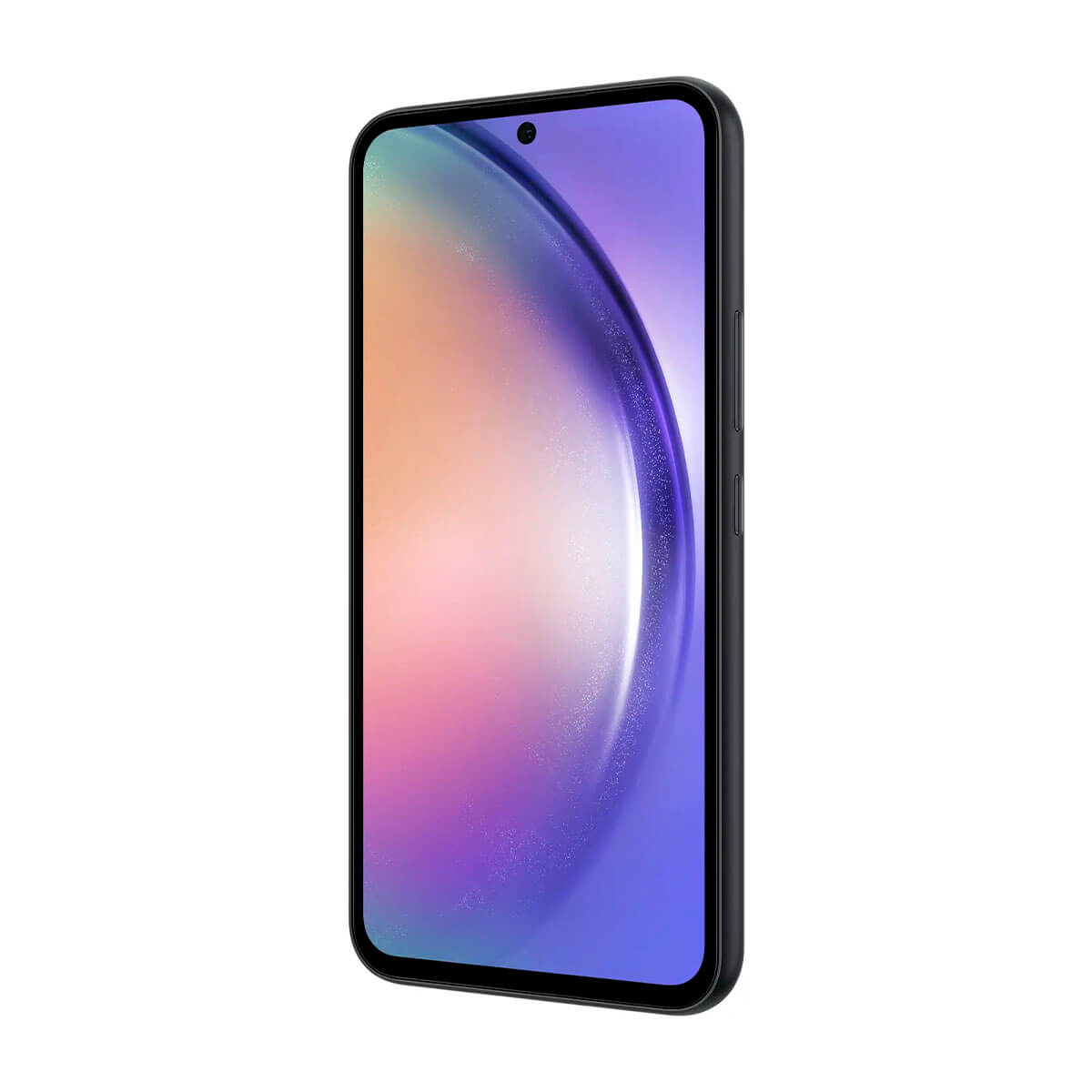 Un smartphone oscuro con pantalla colorida, sobre fondo blanco.