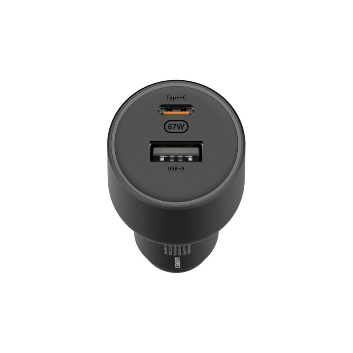 Czarna ładowarka samochodowa Xiaomi z portami USB-A i USB-C, 67W.