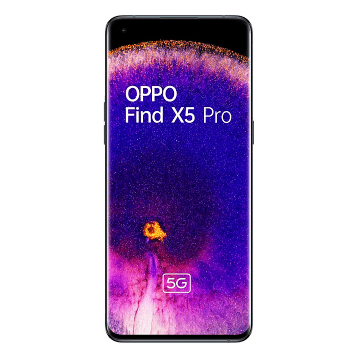 Un smartphone negro muestra 'OPPO Find X5 Pro' y logo '5G' en pantalla.