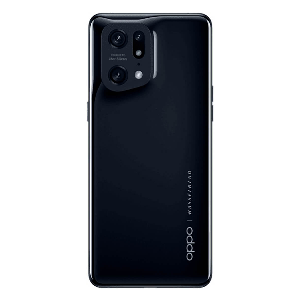 Parte trasera de un smartphone Oppo negro con cámara Hasselblad.