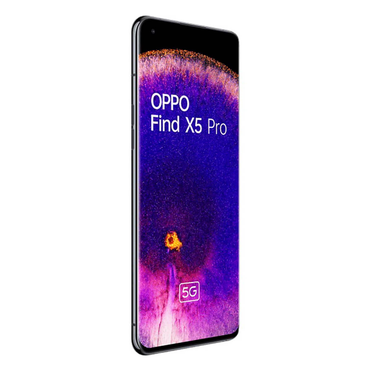 Un smartphone Oppo Find X5 Pro negro con fondo morado y brillante y logo 5G.