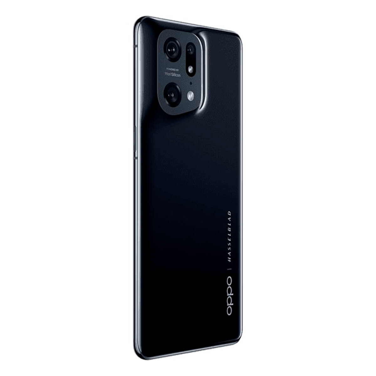 Teléfono inteligente negro con cámara Hasselblad sobre fondo blanco.