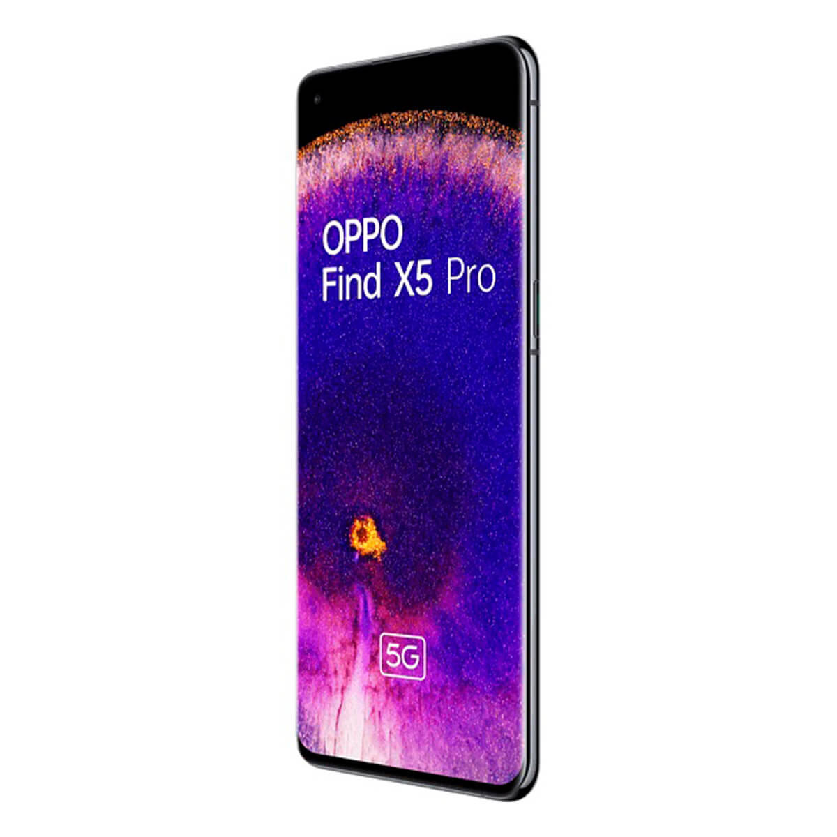 Un smartphone OPPO Find X5 Pro negro con fondo morado e icono 5G.