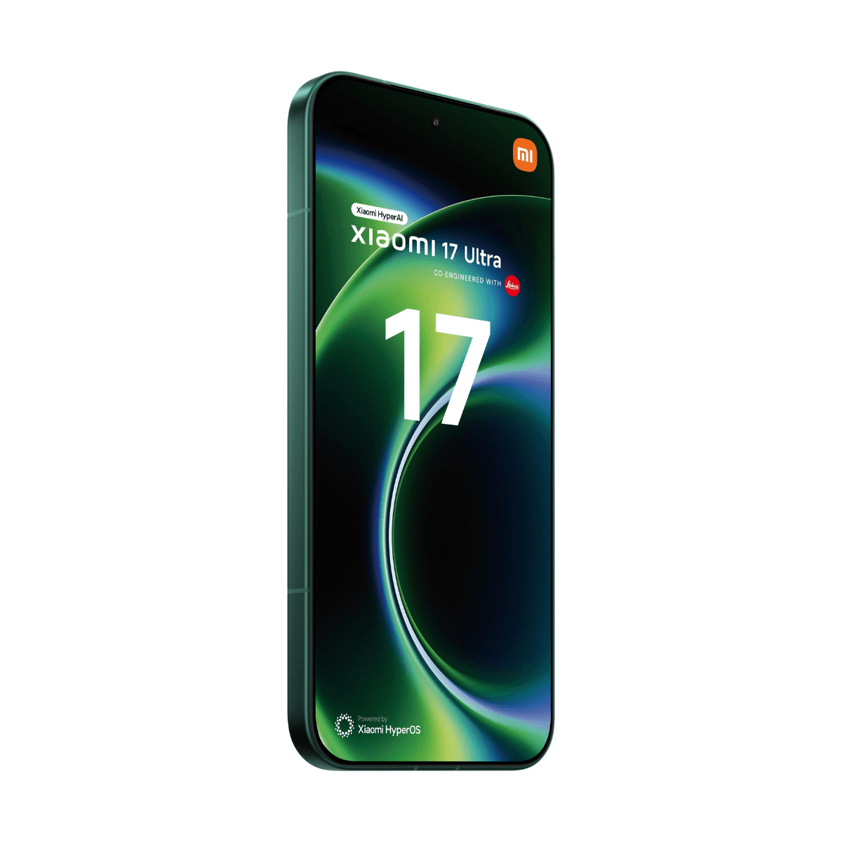 Een groene Xiaomi 17 Ultra smartphone met een groene achtergrond op het scherm.