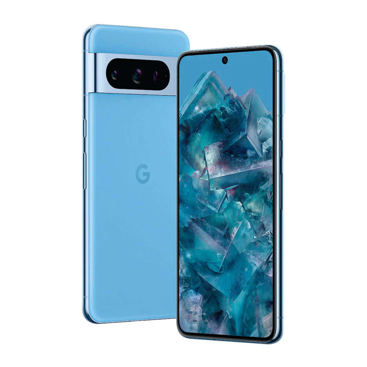 Zwei hellblaue Smartphones nebeneinander, eines mit Kameramodul und G-Logo, das andere mit abstraktem blauen Hintergrund.