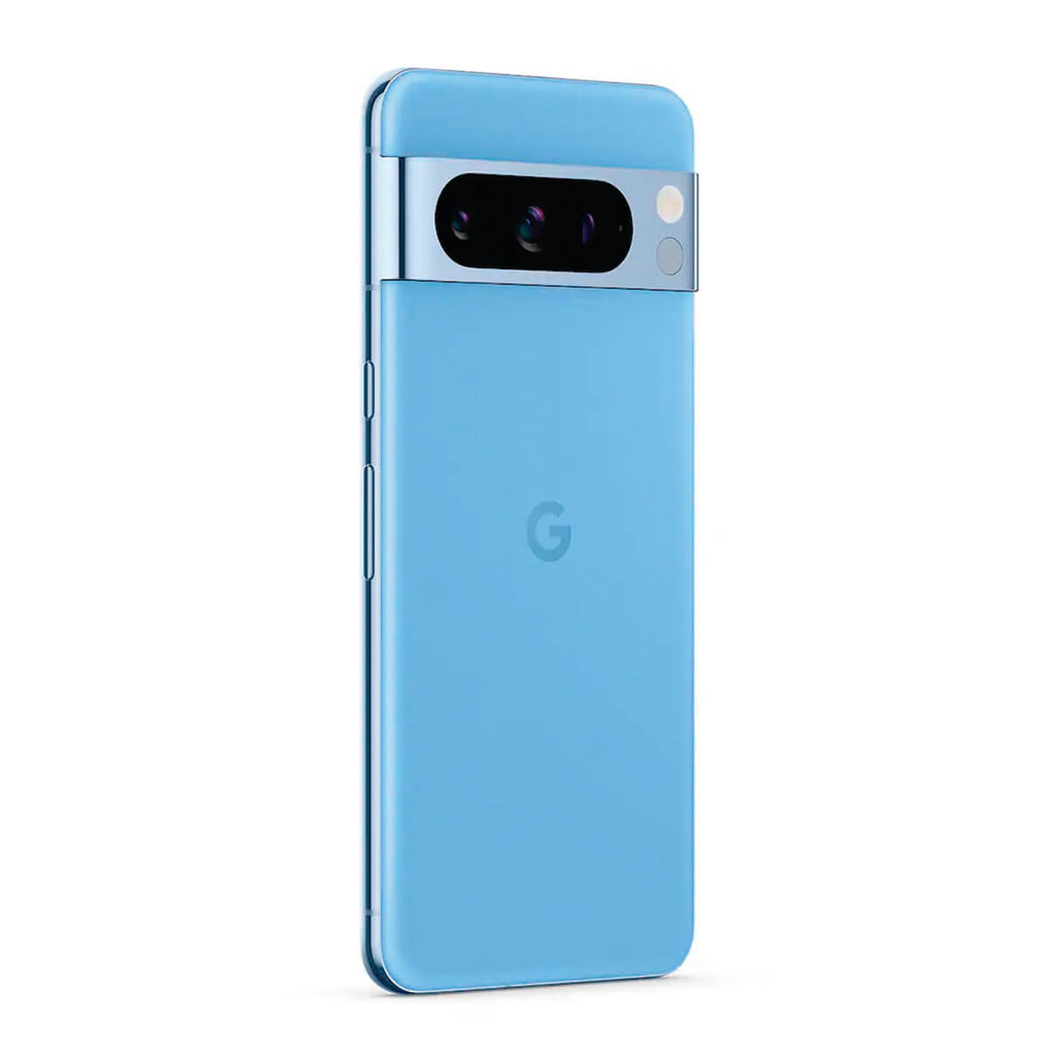 Ein hellblaues Smartphone mit drei Kameras und einem silbernen Streifen.