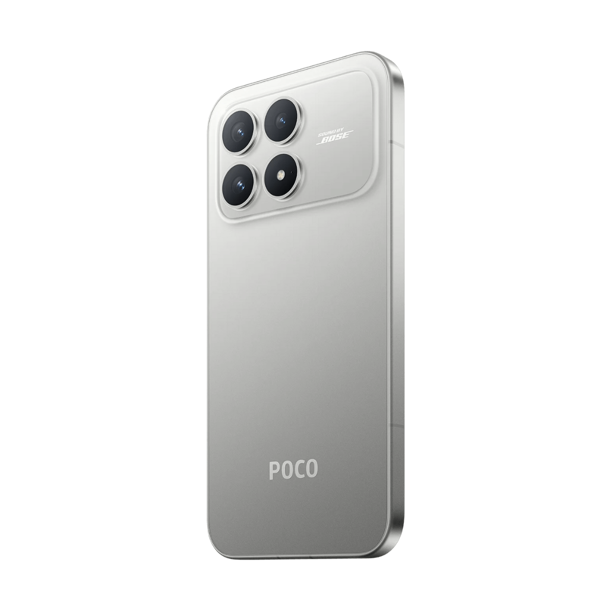 Srebrny smartfon z czterema aparatami i logo POCO.