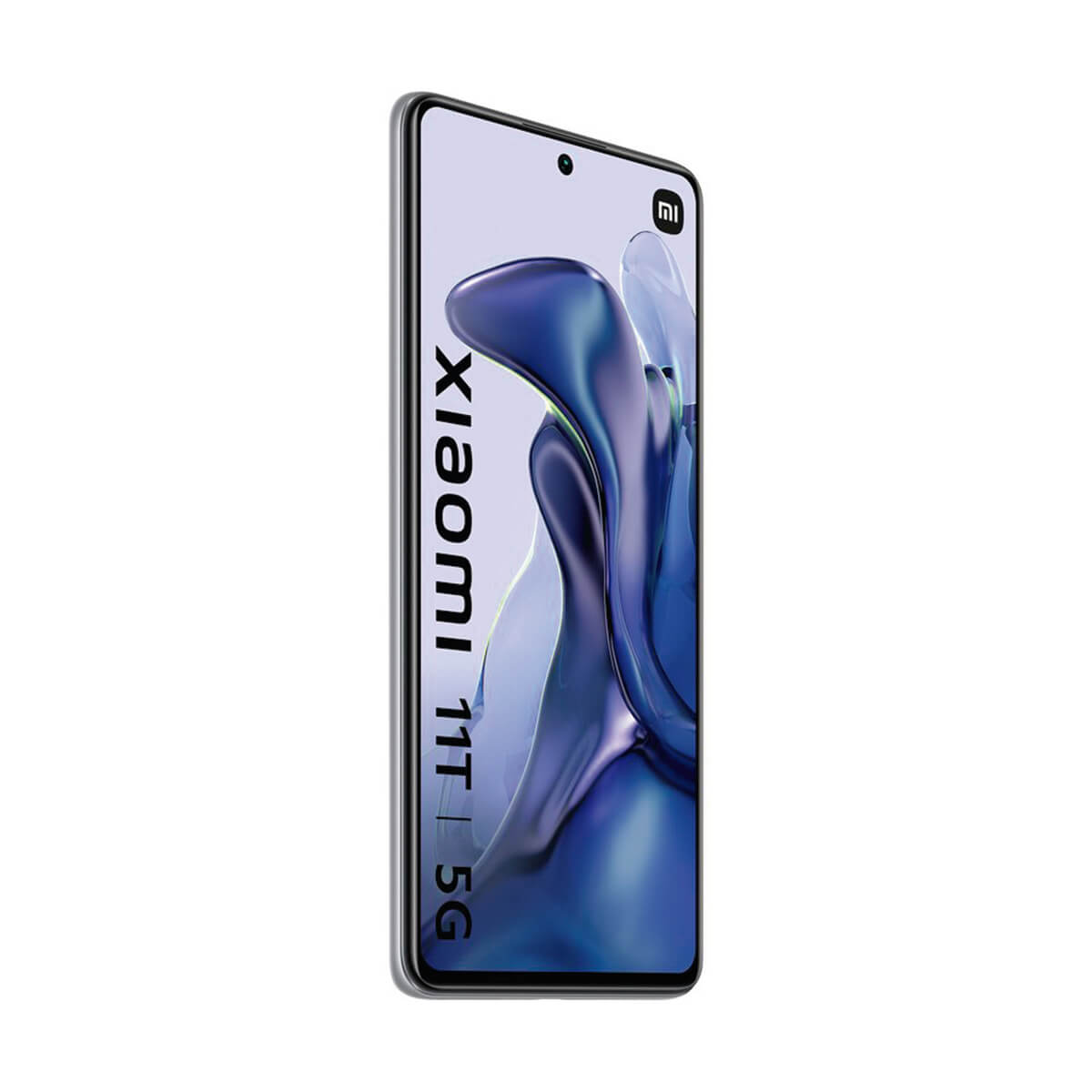Srebrny smartfon Xiaomi 11T 5G z niebieską abstrakcyjną tapetą.