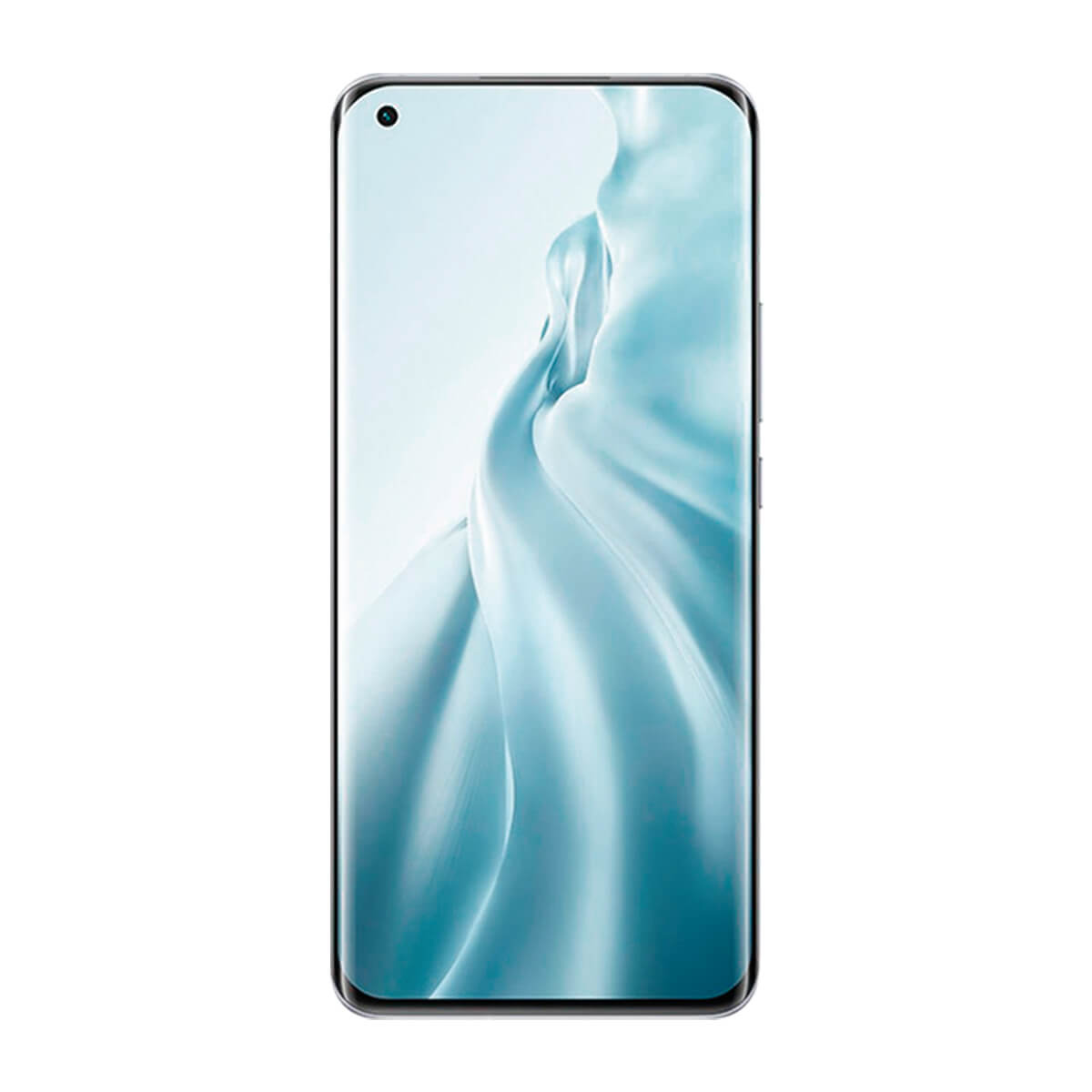 Elegancki smartfon z niebieską, płynną tapetą.