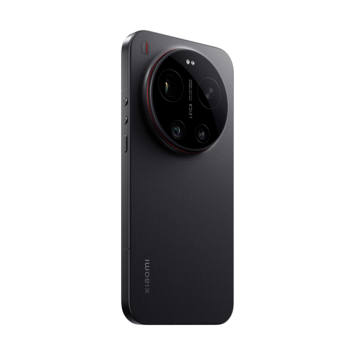 Czarny smartfon z dużym modułem aparatu i czerwonym pierścieniem, logo Xiaomi na dole.