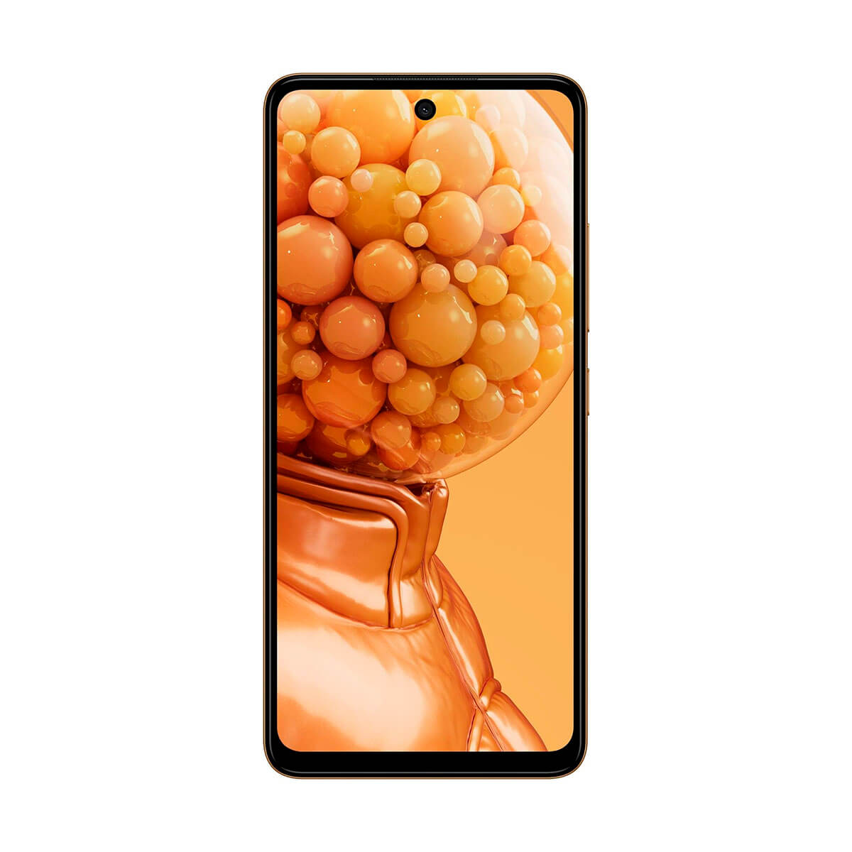 Orangefarbenes Smartphone zeigt eine Blase mit Kugeln und eine glänzende Jacke.
