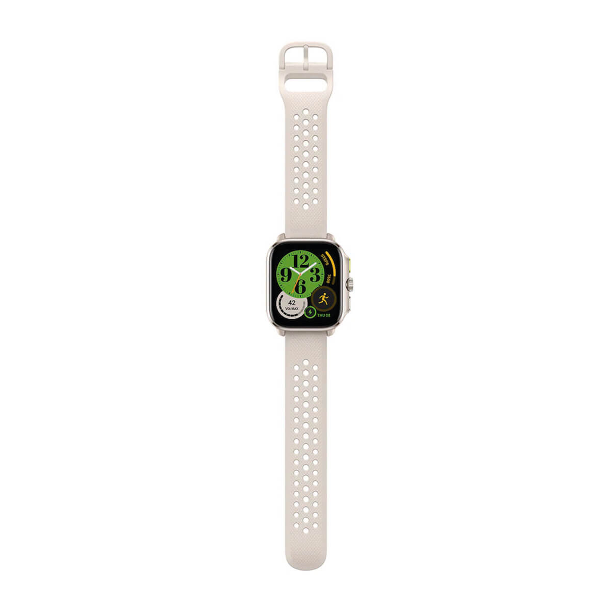 Jasny smartwatch z białym paskiem i zieloną tarczą pokazującą dane sportowe.