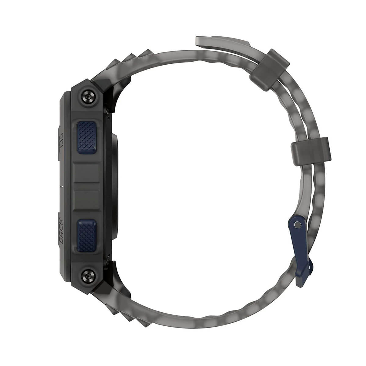 Montre connectée grise avec boutons bleu foncé et bracelet camouflage.